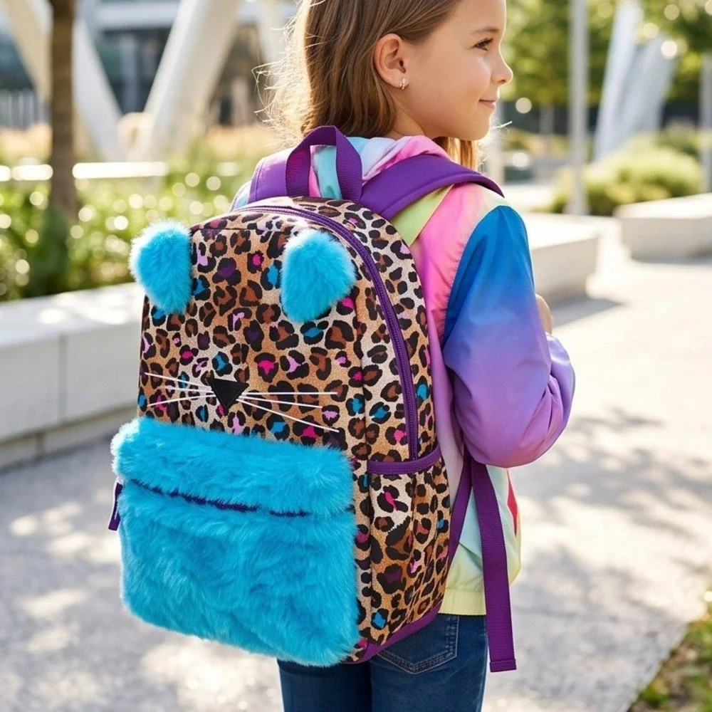 Girls Leopard Print Cat Backpack Teal Faux Fur Ears You're Purrfect 16